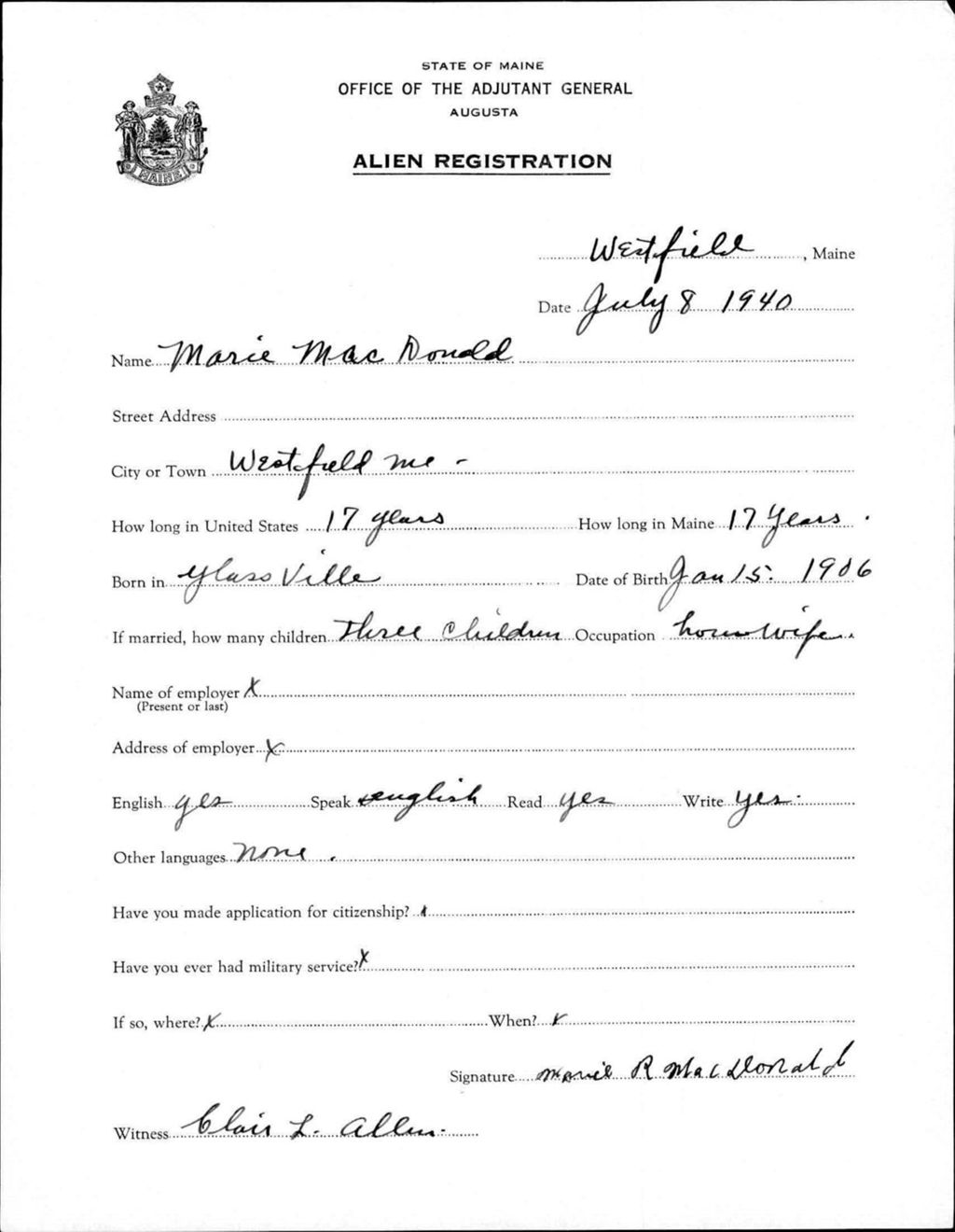 Miniature of Alien Registration- Macdonald, Marie (Wade, Aroostook County)