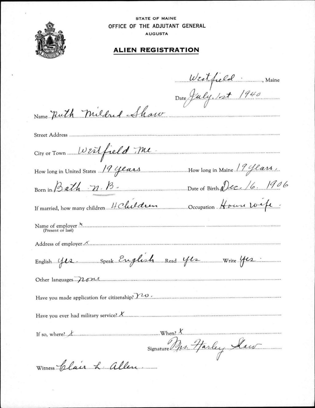Miniature of Alien Registration- Sharo, Ruth M. (Wade, Aroostook County)