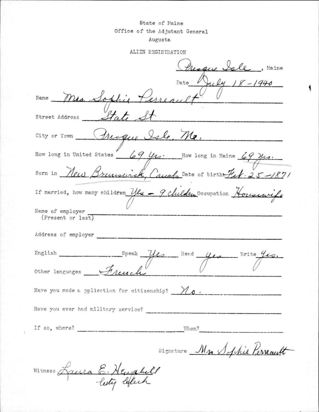 Miniature of Alien Registration- Perreault, Sophie (Presque Isle, Aroostook County)