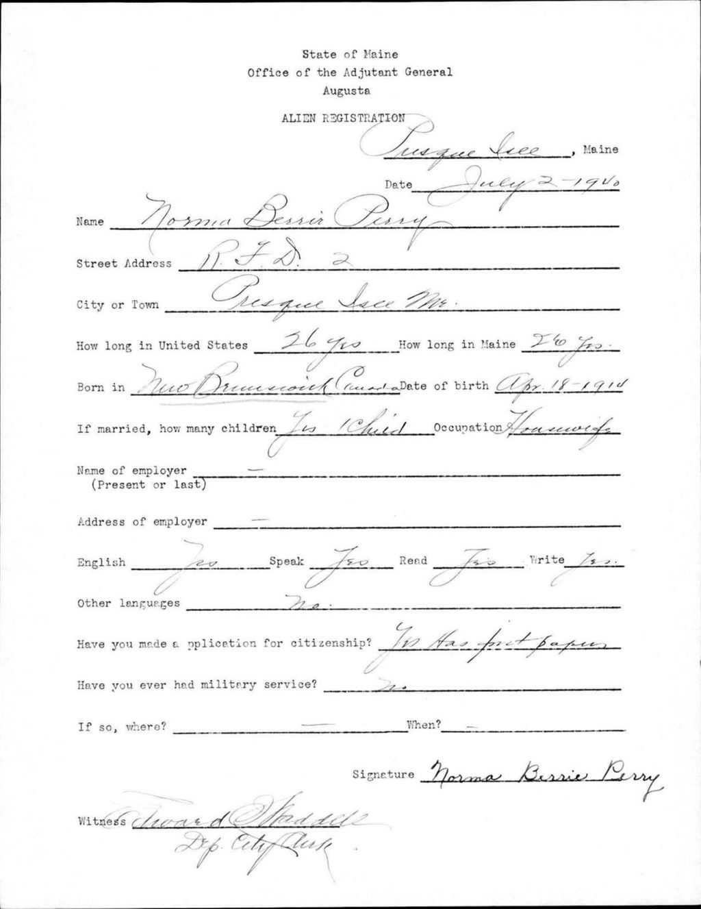 Miniature of Alien Registration- Perry, Norma B. (Presque Isle, Aroostook County)