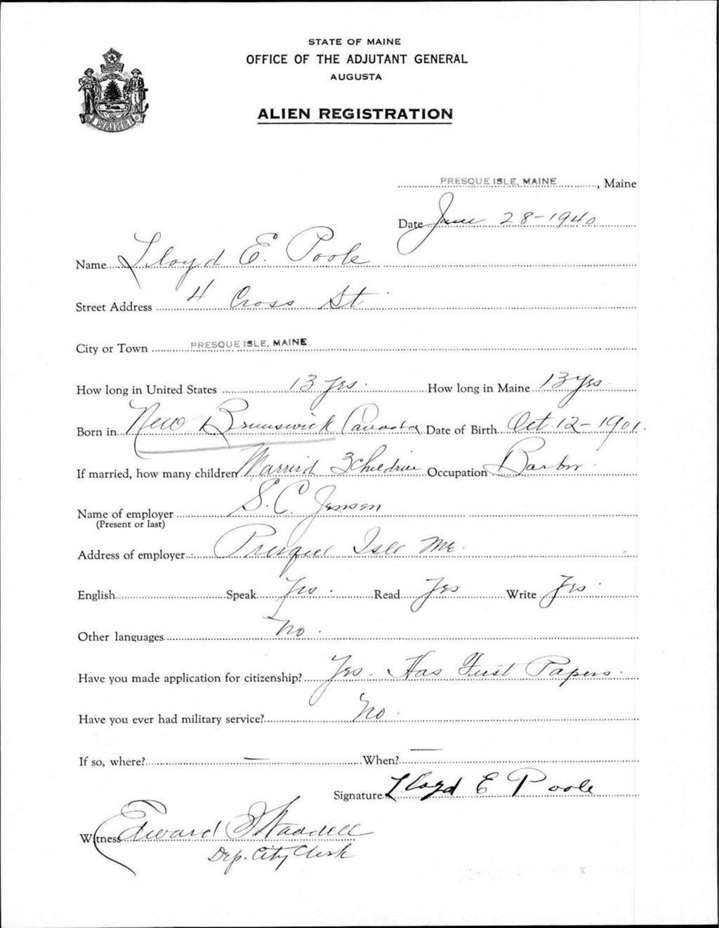 Miniature of Alien Registration- Poole, Lloyd E. (Presque Isle, Aroostook County)