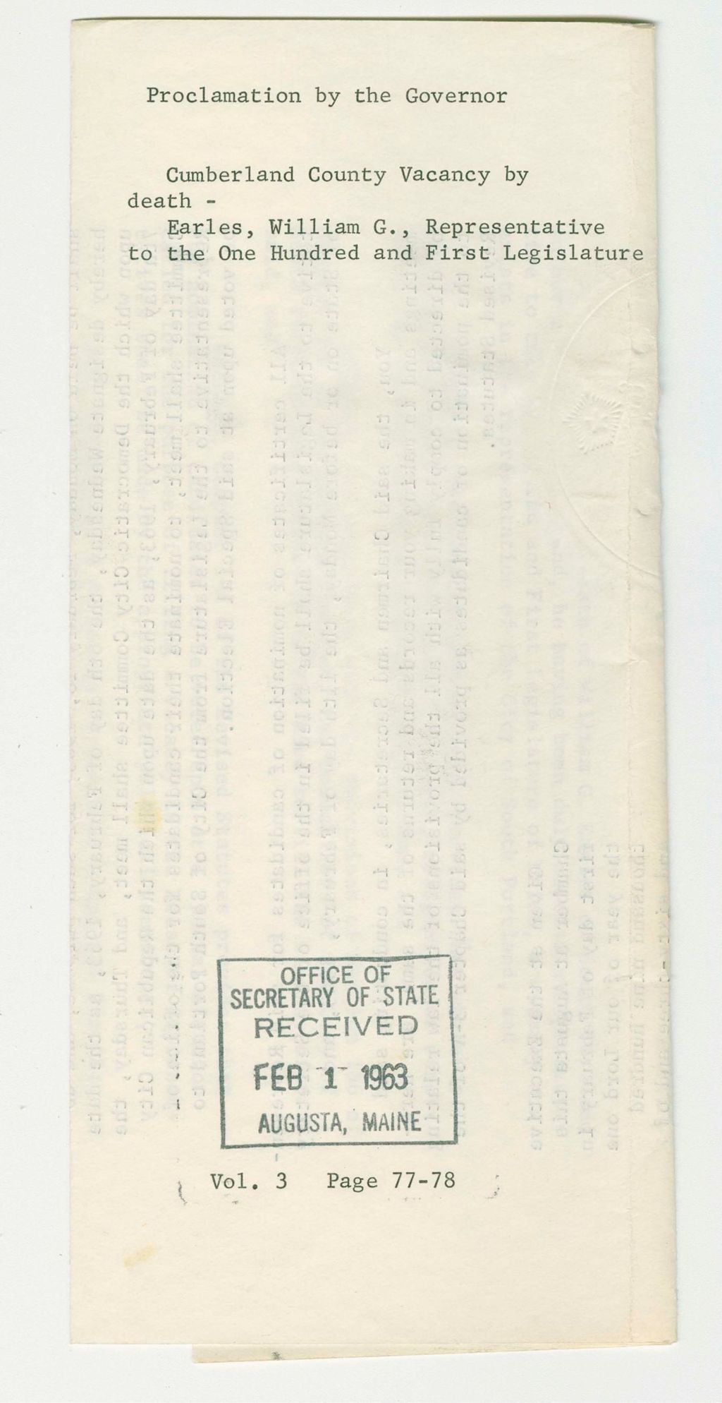 Miniature of Cumberland County Vacancy by death- Earles, William G., Representative to the Oen Hundred and First Legislature