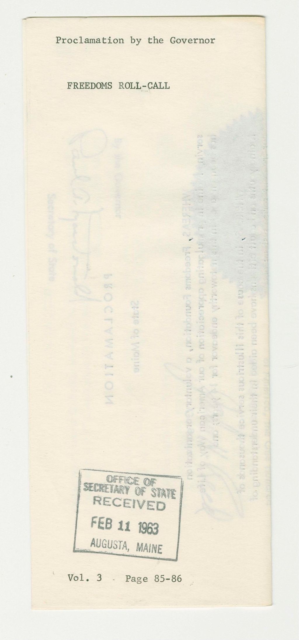 Miniature of Freedoms Roll-Call Proclamation