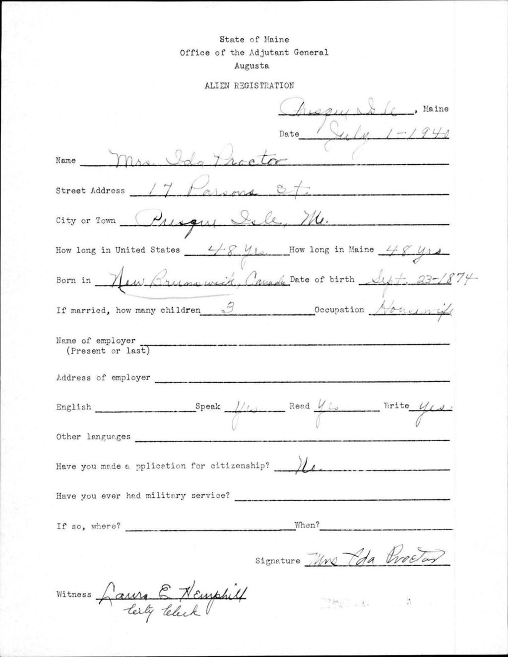 Miniature of Alien Registration- Proctor, Ida (Presque Isle, Aroostook County)
