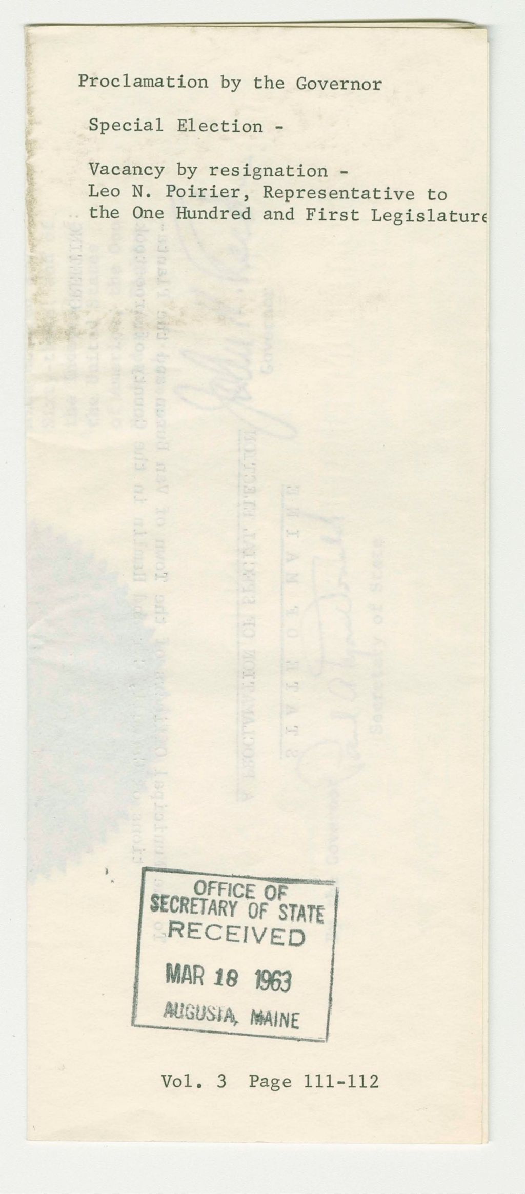 Miniature of Special Election- Vacancy by resignation- Leo N. Poirier, Representative to the One Hundred and First Legislature