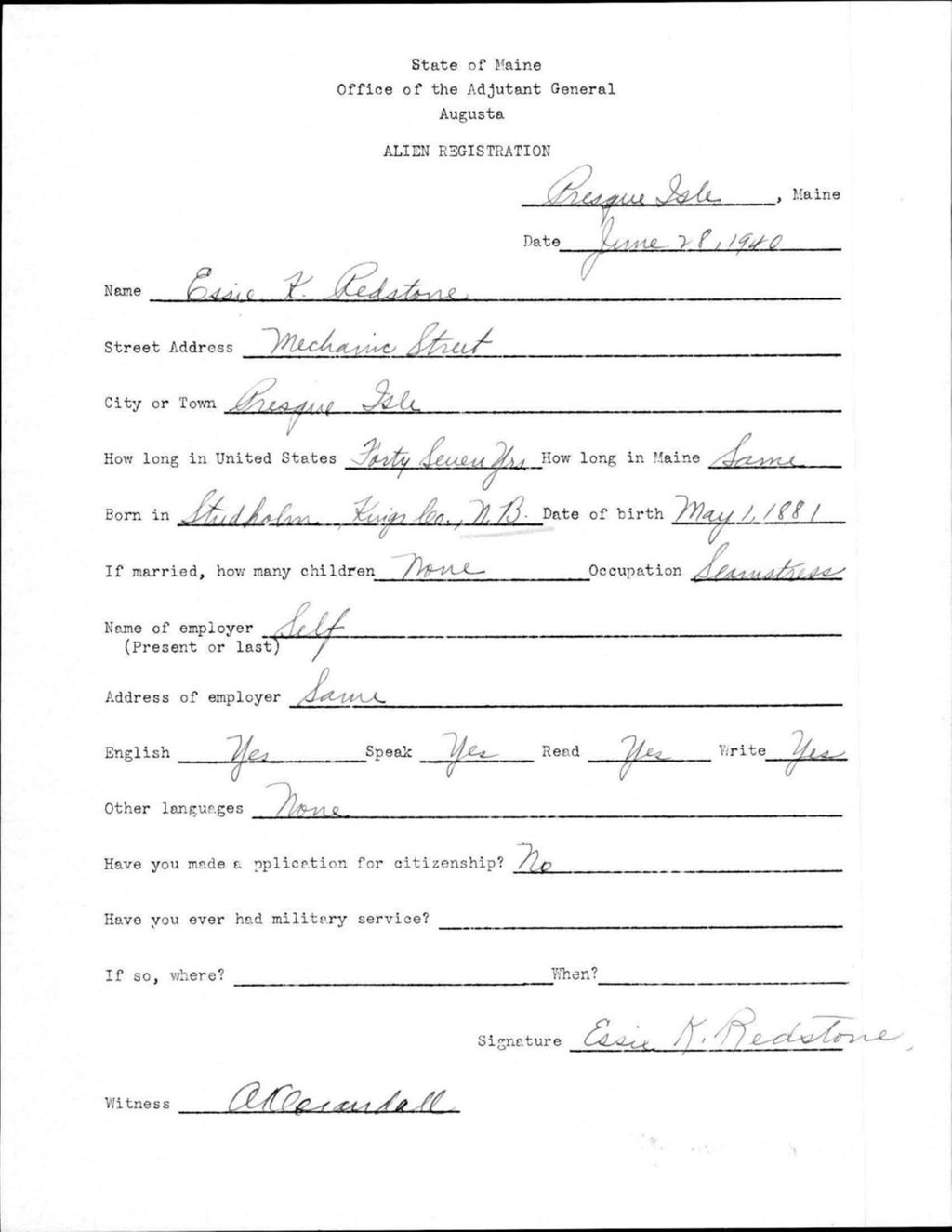 Miniature of Alien Registration- Redstone, Essie K. (Presque Isle, Aroostook County)