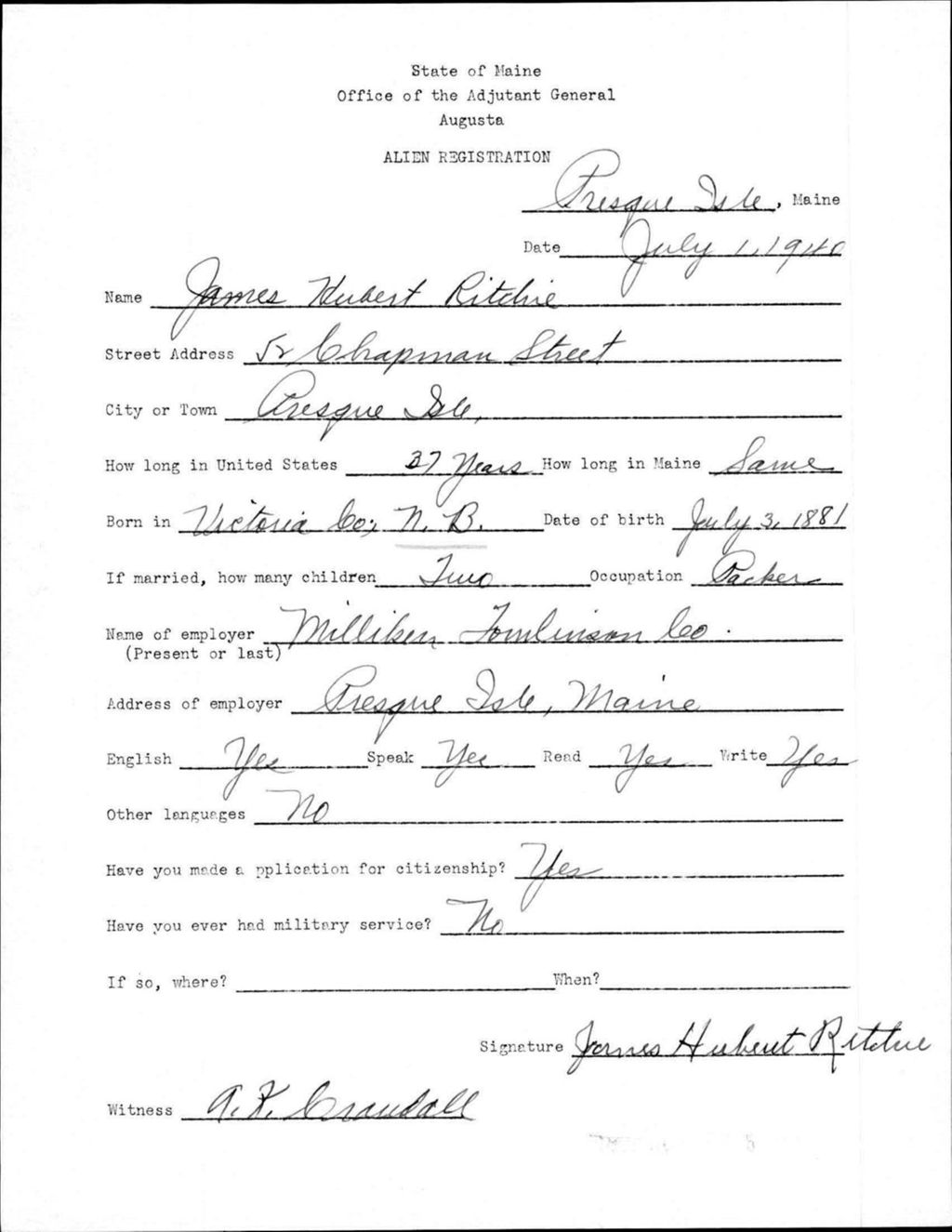 Miniature of Alien Registration- Ritchie, James H. (Presque Isle, Aroostook County)