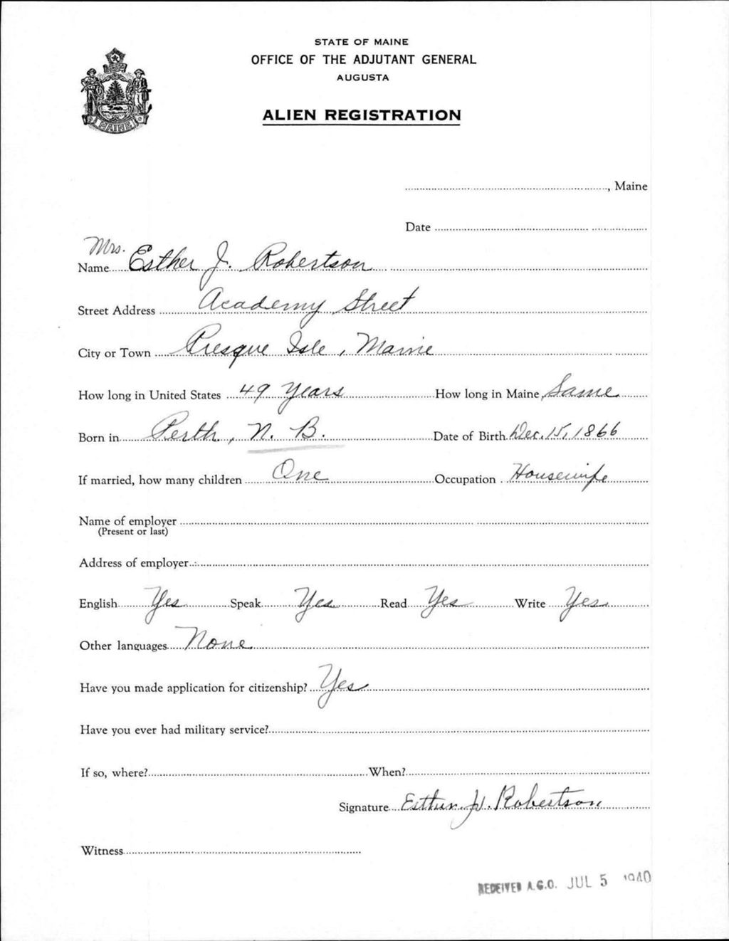 Miniature of Alien Registration- Robertson, Esther J. (Presque Isle, Aroostook County)