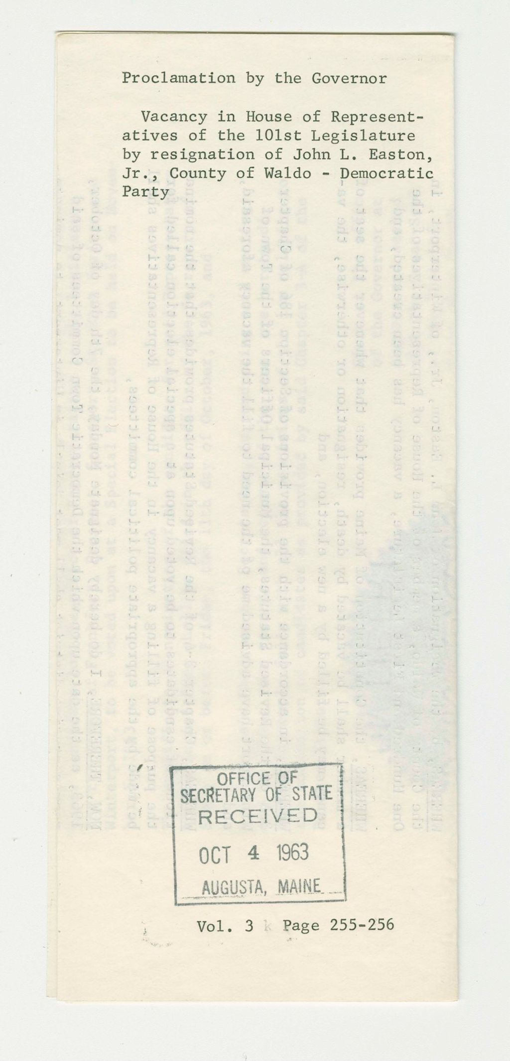 Miniature of Vacancy in House of Representatives of the 101st Legislature by resignation of John L. Easton Jr., County of Waldo- Democratic Party