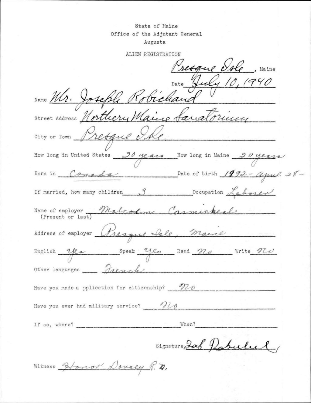 Miniature of Alien Registration- Robichaud, Joseph (Presque Isle, Aroostook County)