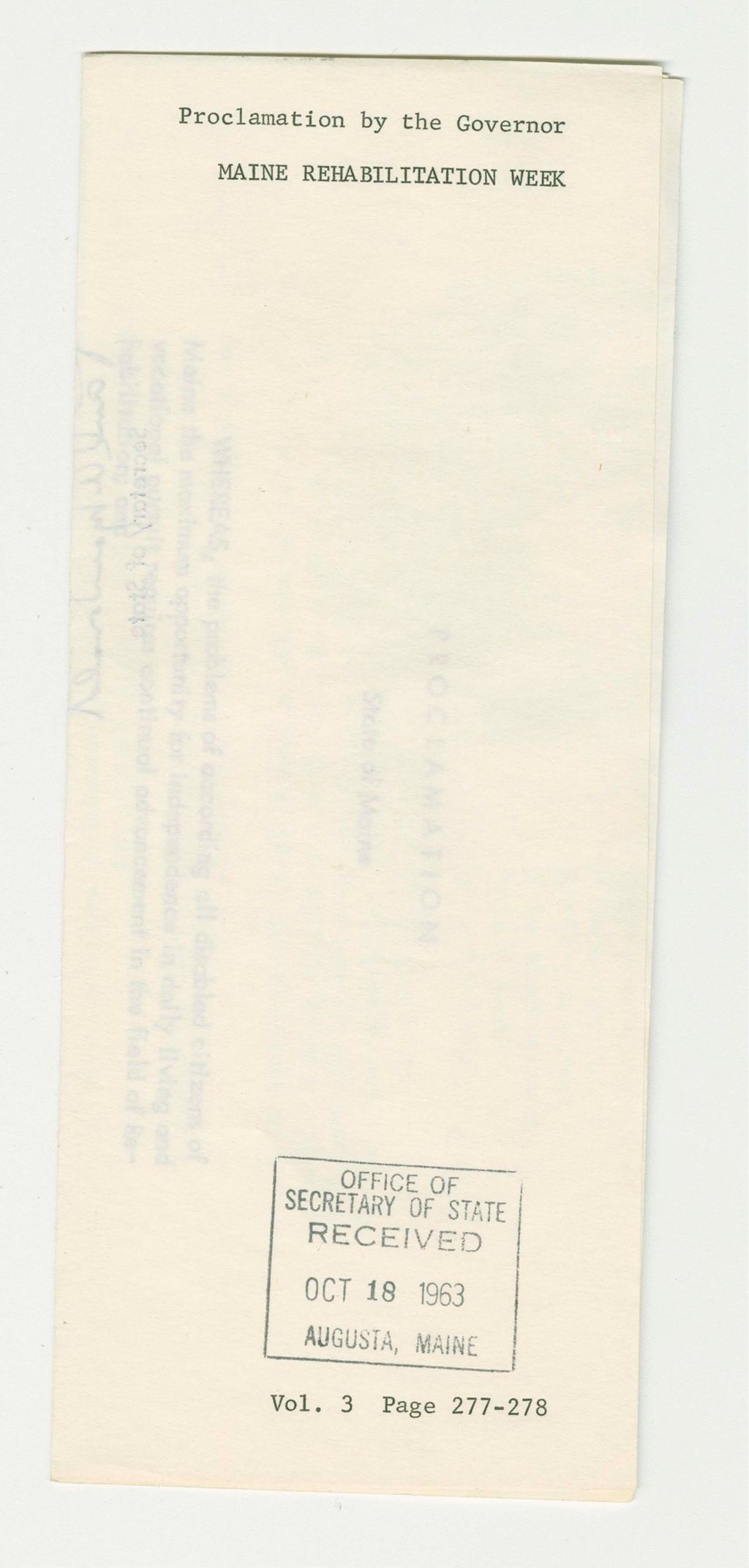 Miniature of Maine Rehabilitation Week Proclamation