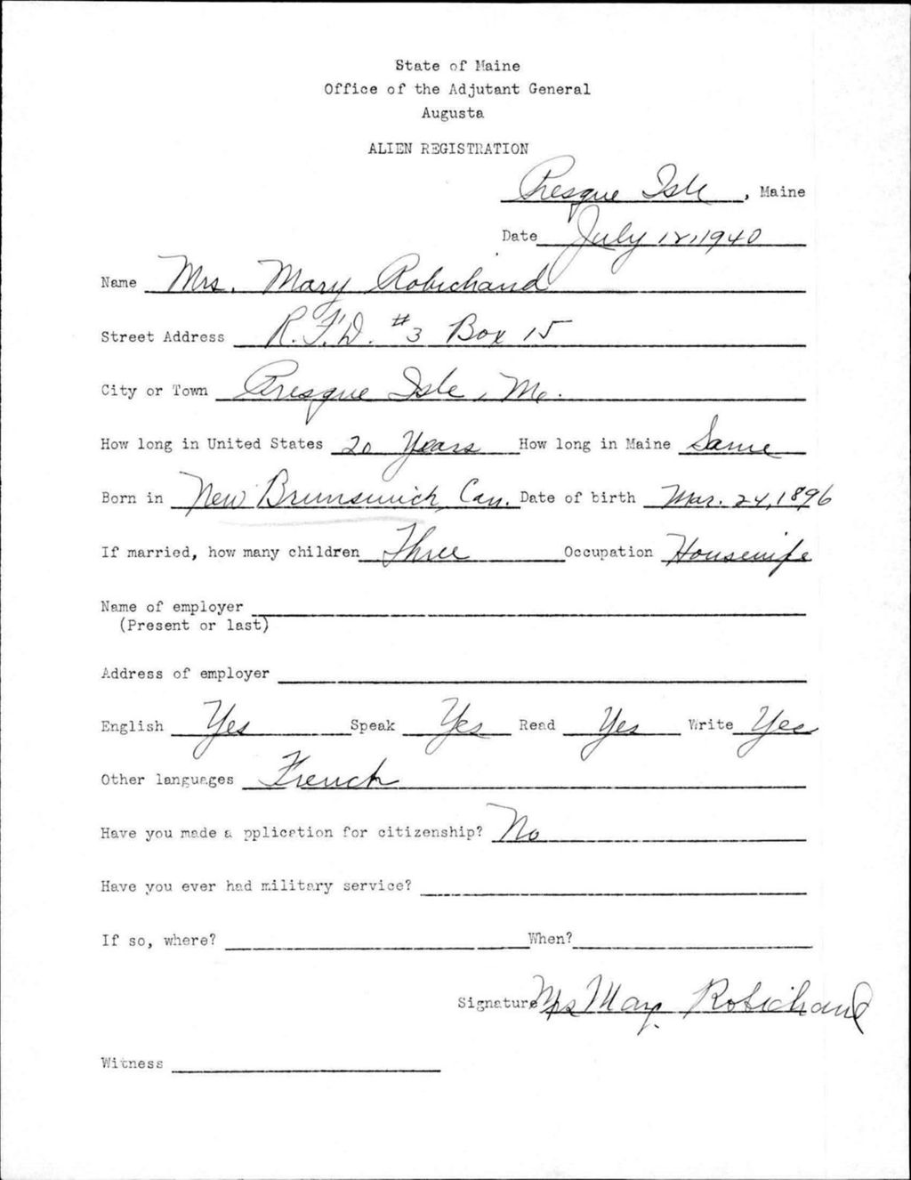Miniature of Alien Registration- Robichaud, Mary (Presque Isle, Aroostook County)