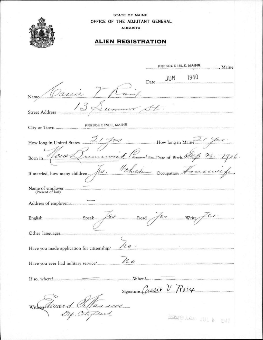 Miniature of Alien Registration- Roix, Cassie V. (Presque Isle, Aroostook County)