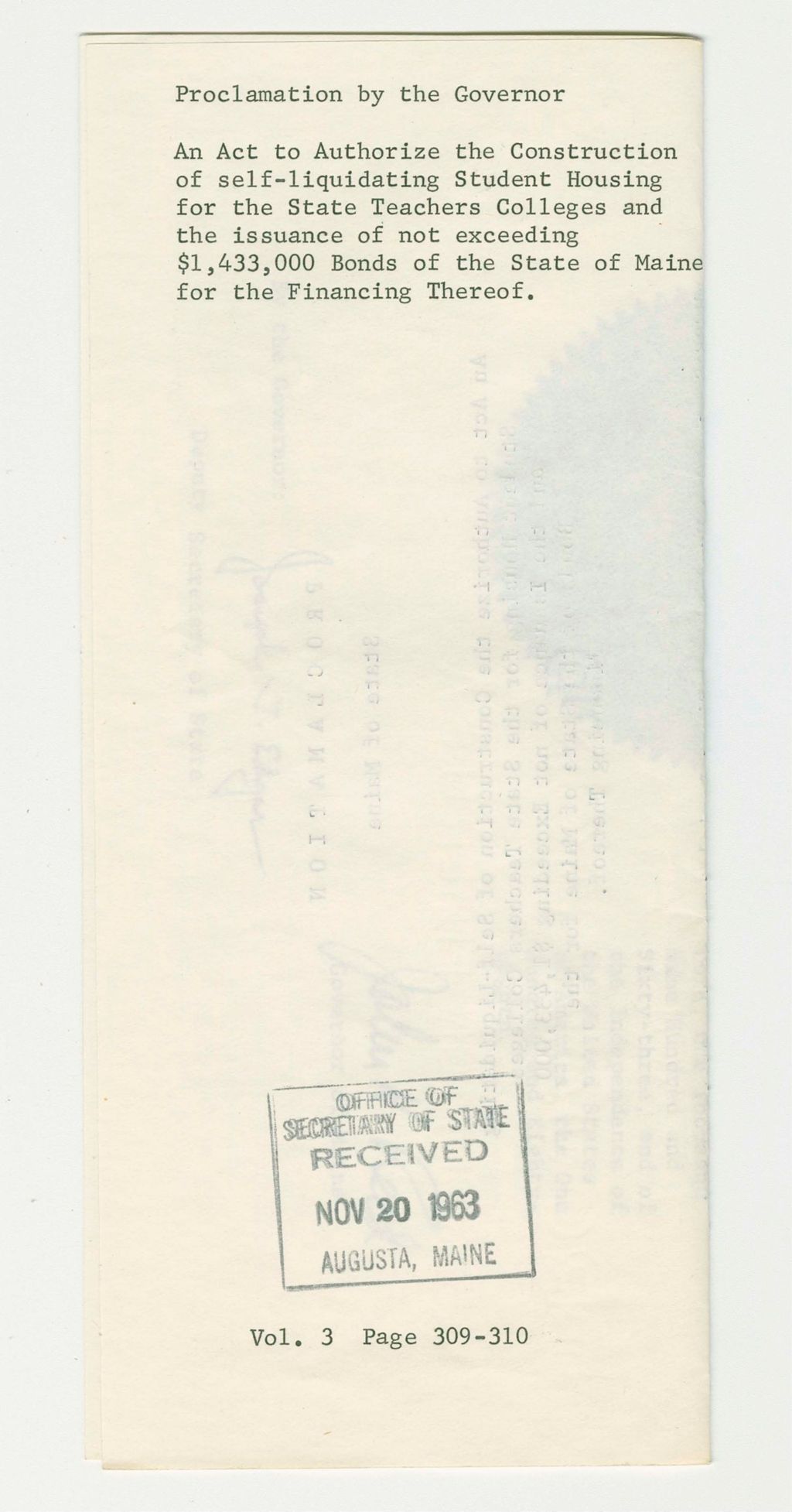 Miniature of An Act to Authorize the Construction of self-liquidating Student Housing for the State Teachers Colleges and the issuance of not exceeding $1,433,000 Bonds of the State of Maine for the Financing Thereof