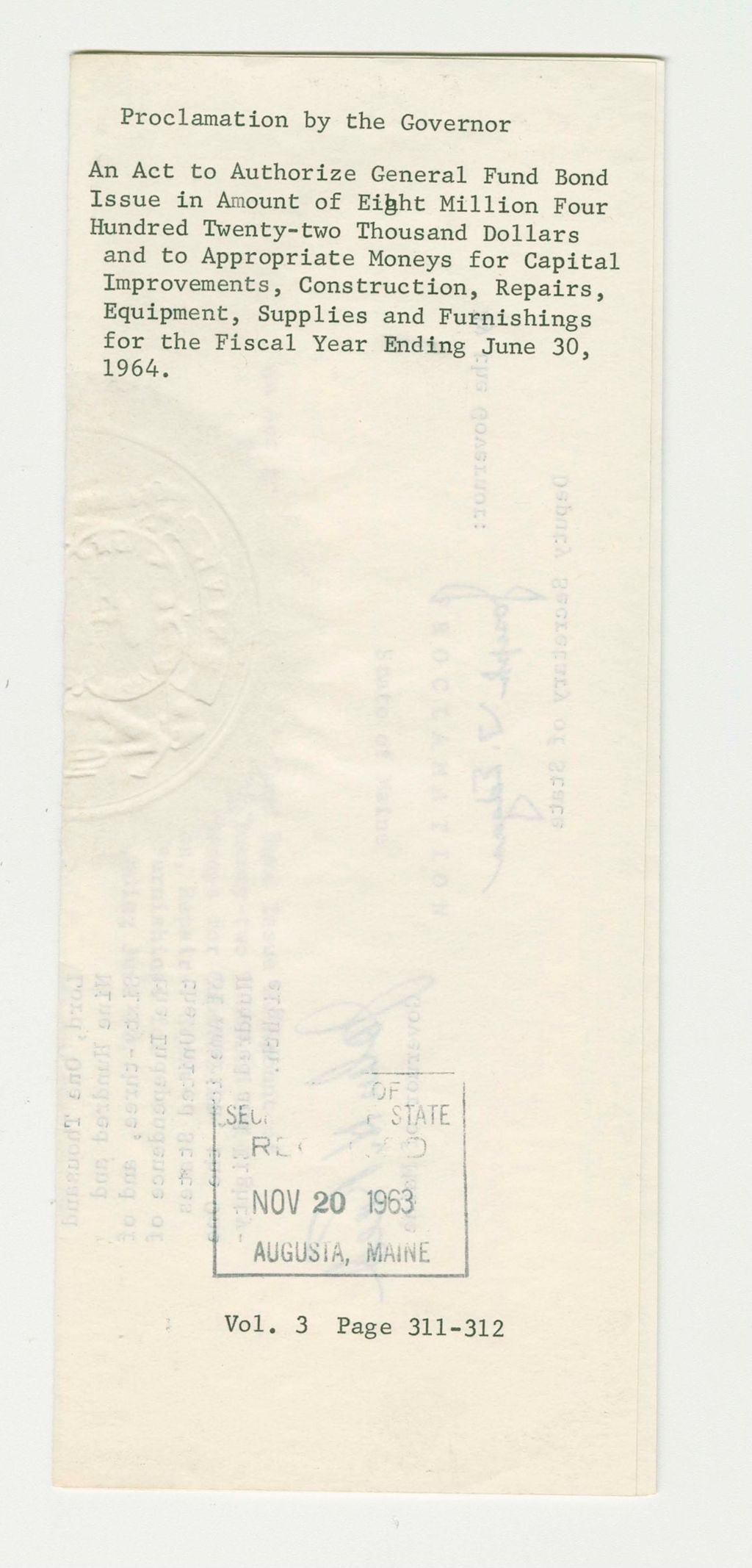 Miniature of An Act to Authorize General Fund Bond Issue in Amount of Eight Million Four Hundred Twenty-Two Thousand Dollars and to Appropriate Moneys for Capital Improvements, Construction, Repairs, Equipment, Supplies and Furnishings for the Fiscal Year Ending June 30, 1964