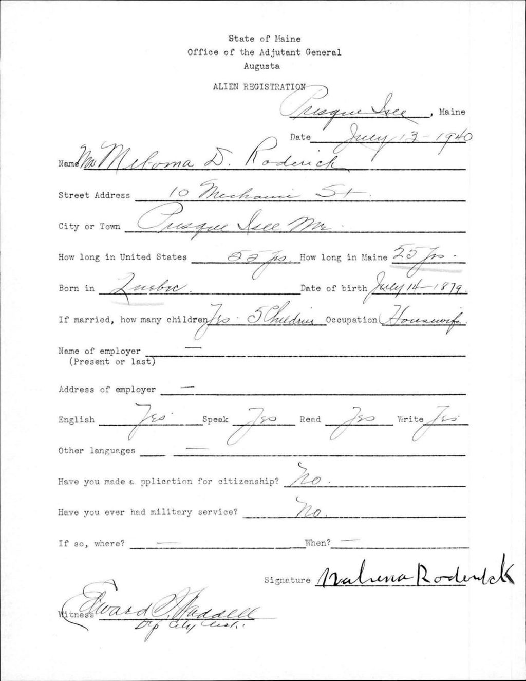 Miniature of Alien Registration- Roderick, Meloma D. (Presque Isle, Aroostook County)