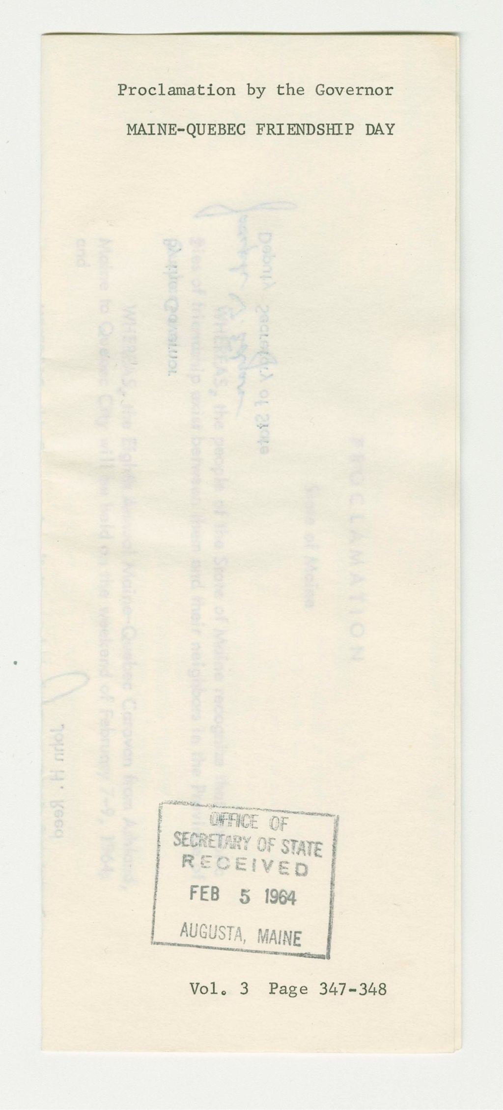 Miniature of Maine-Quebec Friendship Day Proclamation