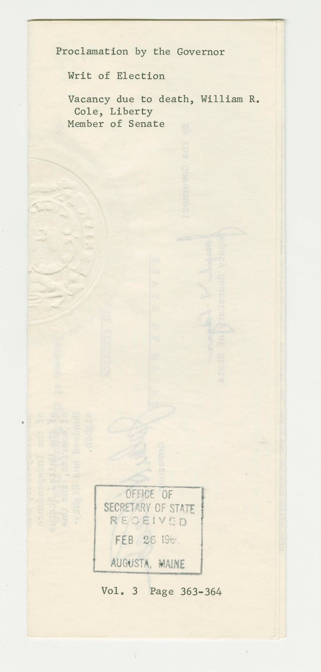 Miniature of Vacancy due to death, William R. Cole, Liberty Member of Senate