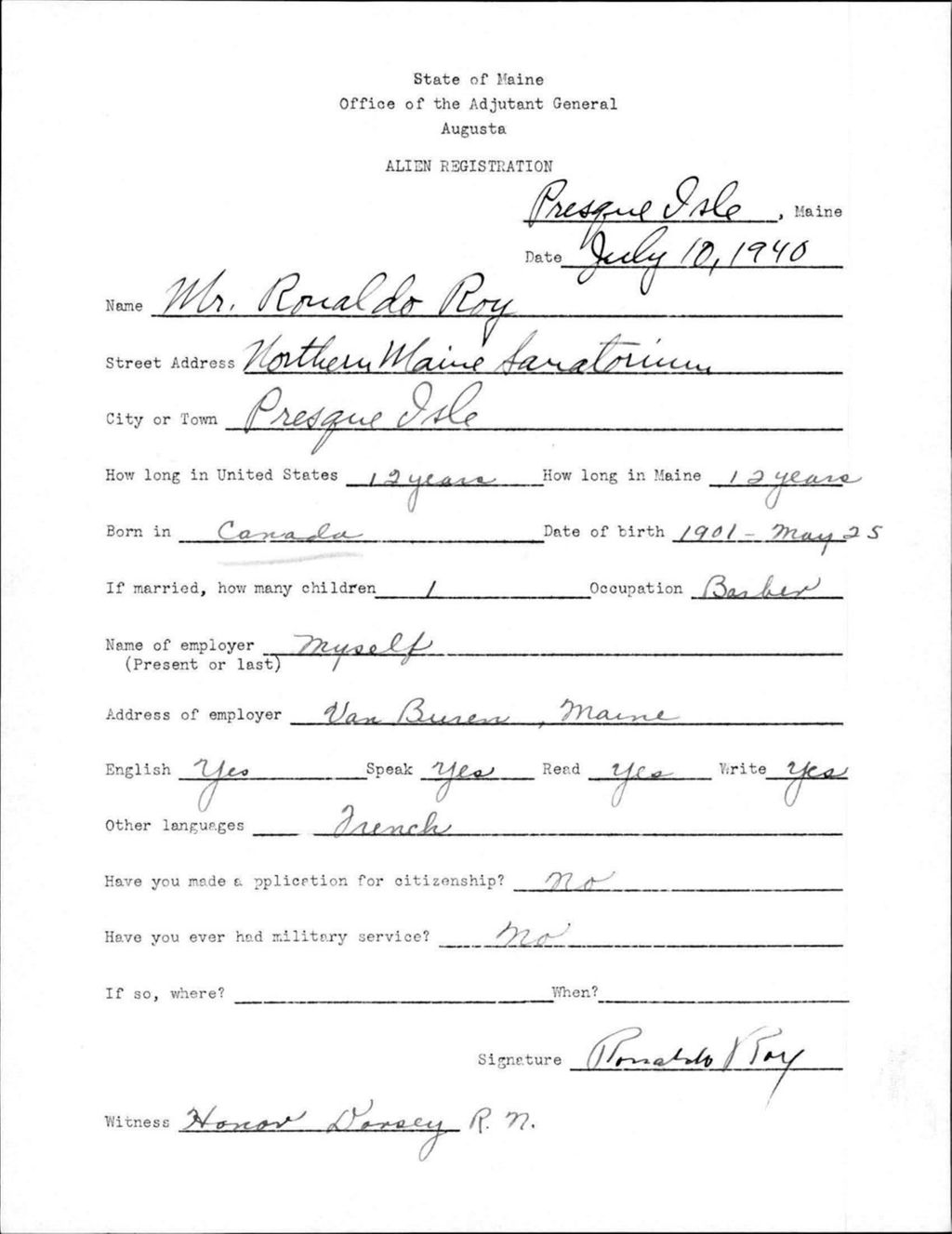 Miniature of Alien Registration- Roy, Ronaldo (Presque Isle, Aroostook County)