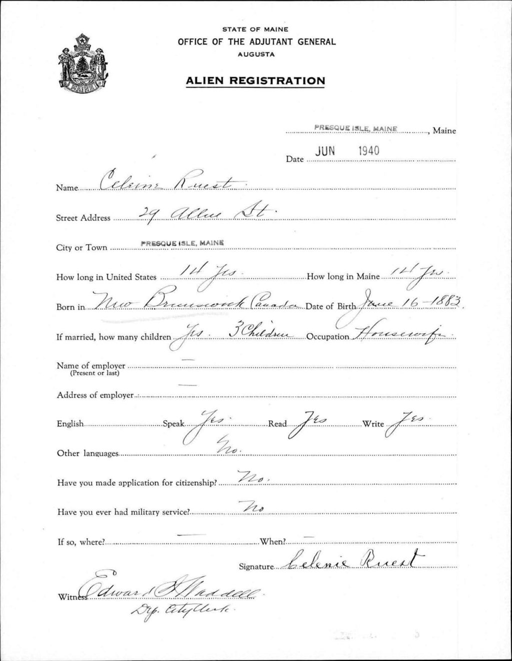 Miniature of Alien Registration- Ruest, Celeine (Presque Isle, Aroostook County)
