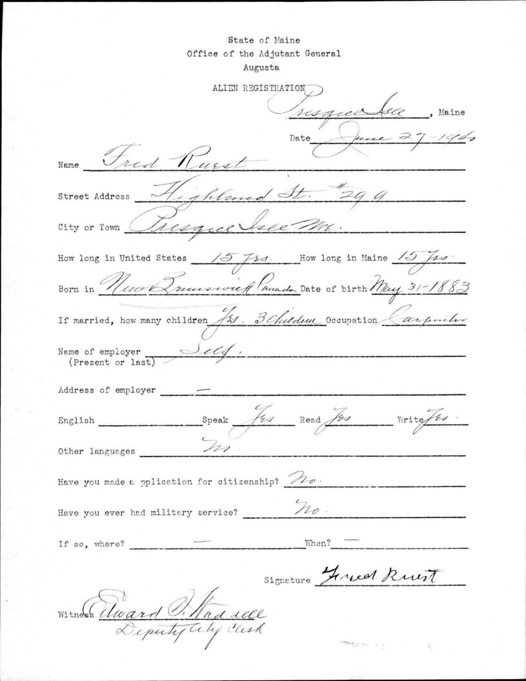 Miniature of Alien Registration- Ruest, Fred (Presque Isle, Aroostook County)