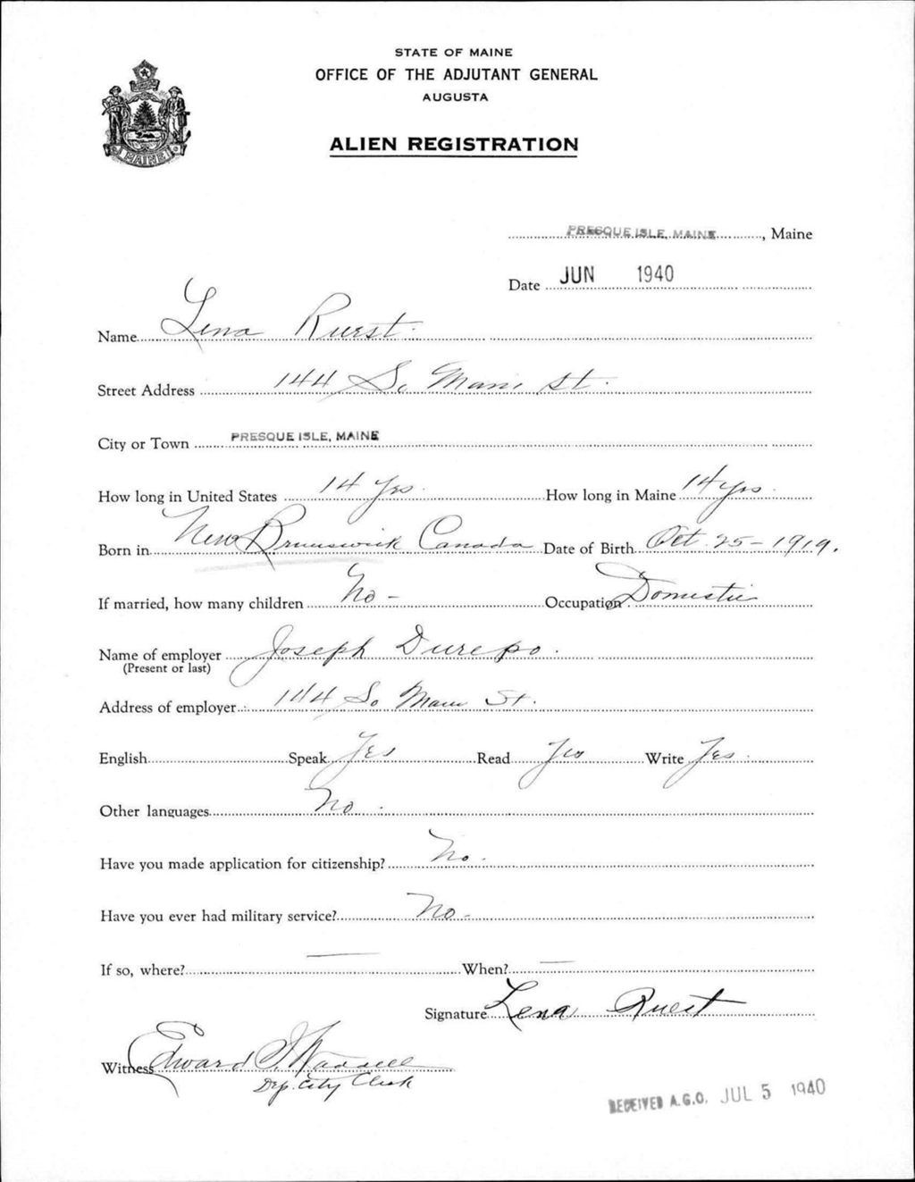 Miniature of Alien Registration- Ruest, Lena (Presque Isle, Aroostook County)