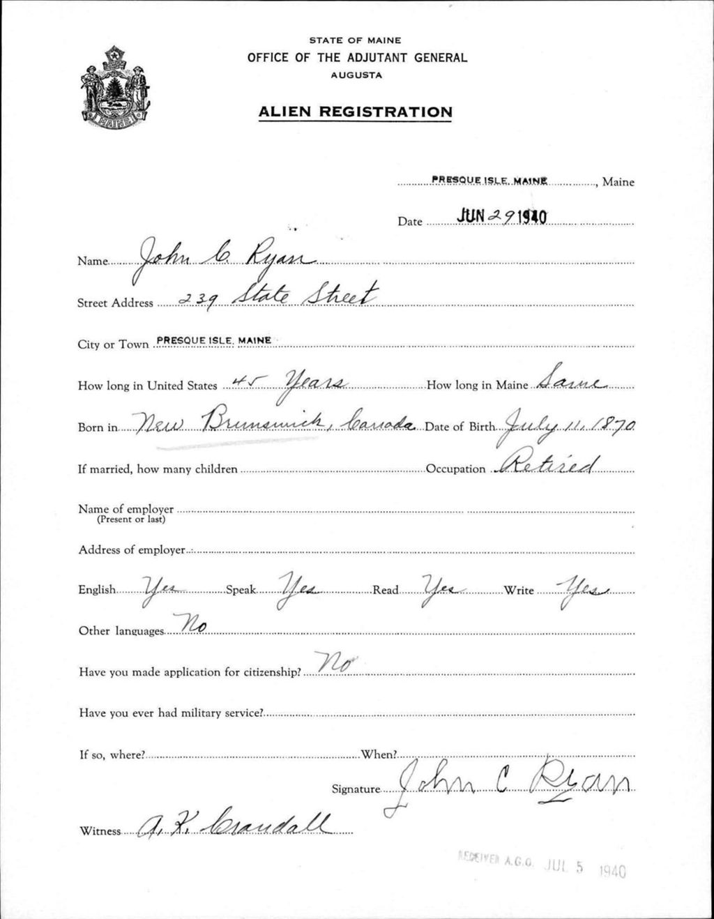 Miniature of Alien Registration- Ryan, John C. (Presque Isle, Aroostook County)