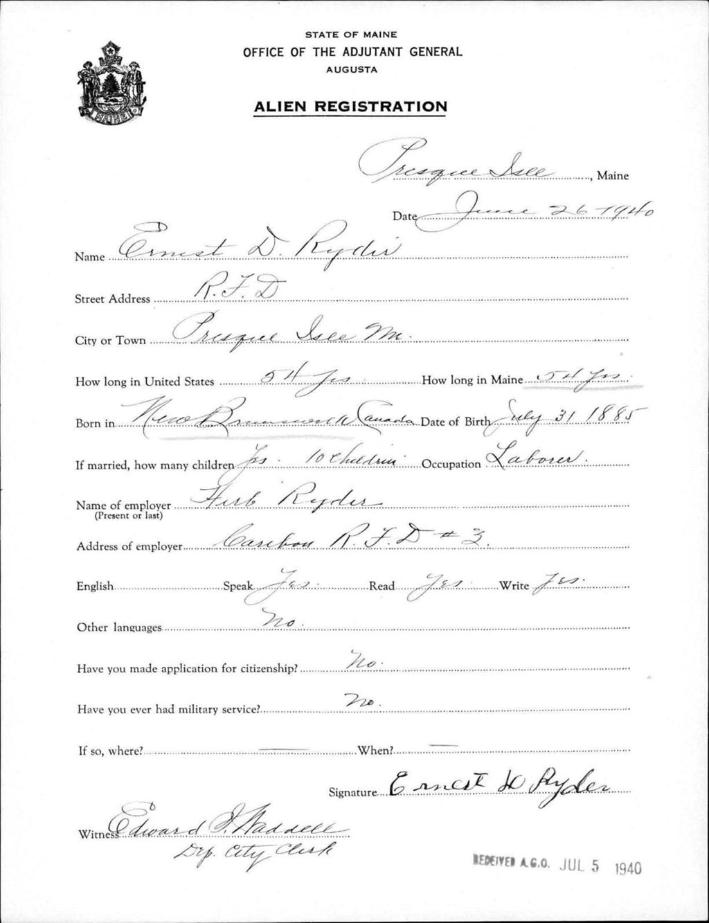 Miniature of Alien Registration- Ryder, Ernest D. (Presque Isle, Aroostook County)