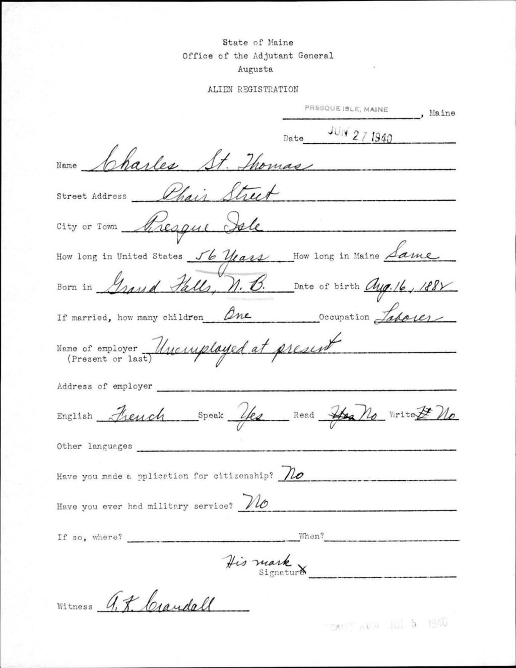 Miniature of Alien Registration- St Thomas, Charles (Presque Isle, Aroostook County)