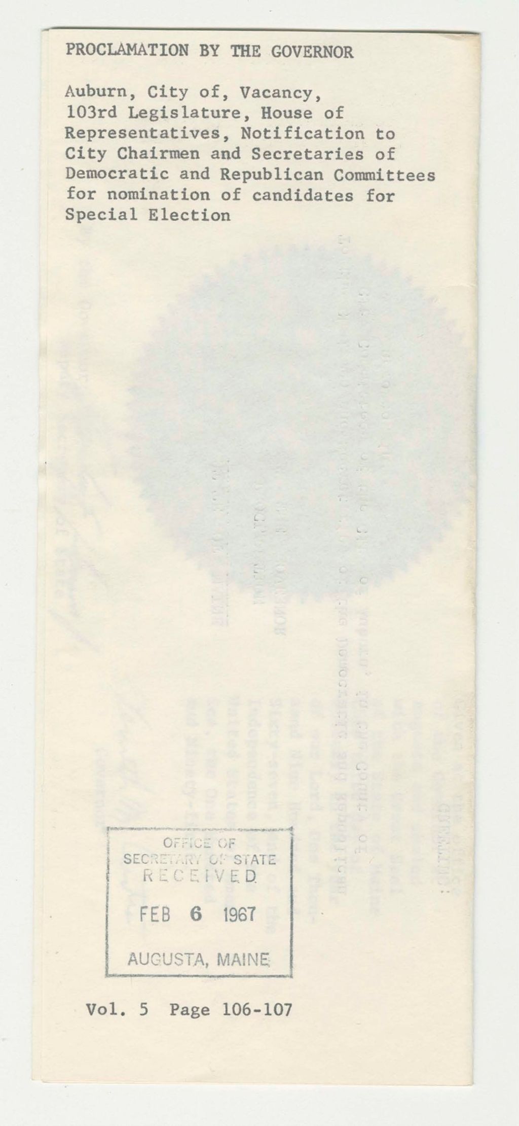 Miniature of City of Auburn Vacancy, 103rd Legislature, House of Representatives, Notification to City Chairmen and Secretaries of Democratic and Republican Committees for nomination of candidates for Special Election