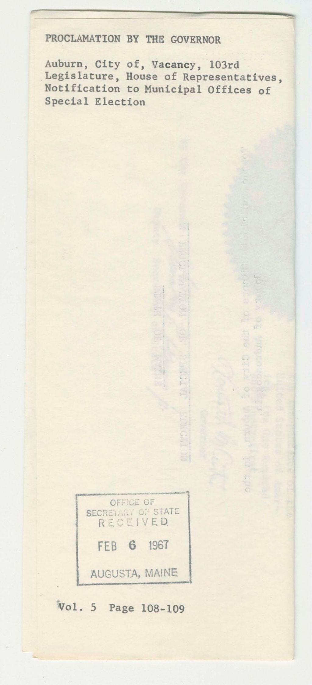 Miniature of City of Auburn Vacancy, 103rd Legislature, House of Representatives, Notification to Municipal Offices of Special Election