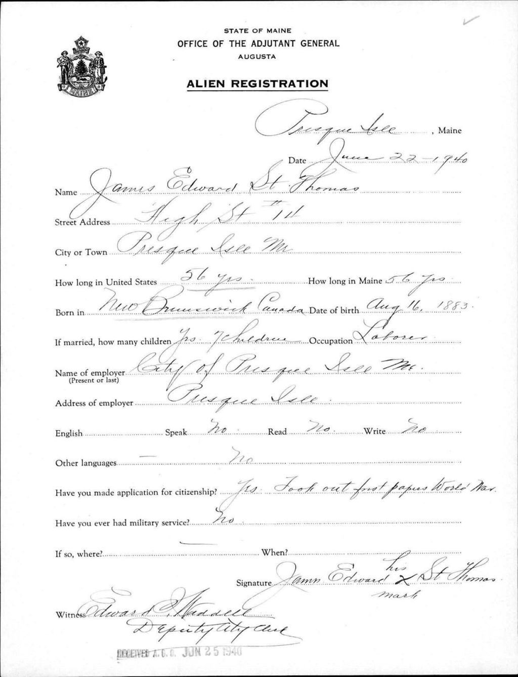 Miniature of Alien Registration- St Thomas, James E. (Presque Isle, Aroostook County)