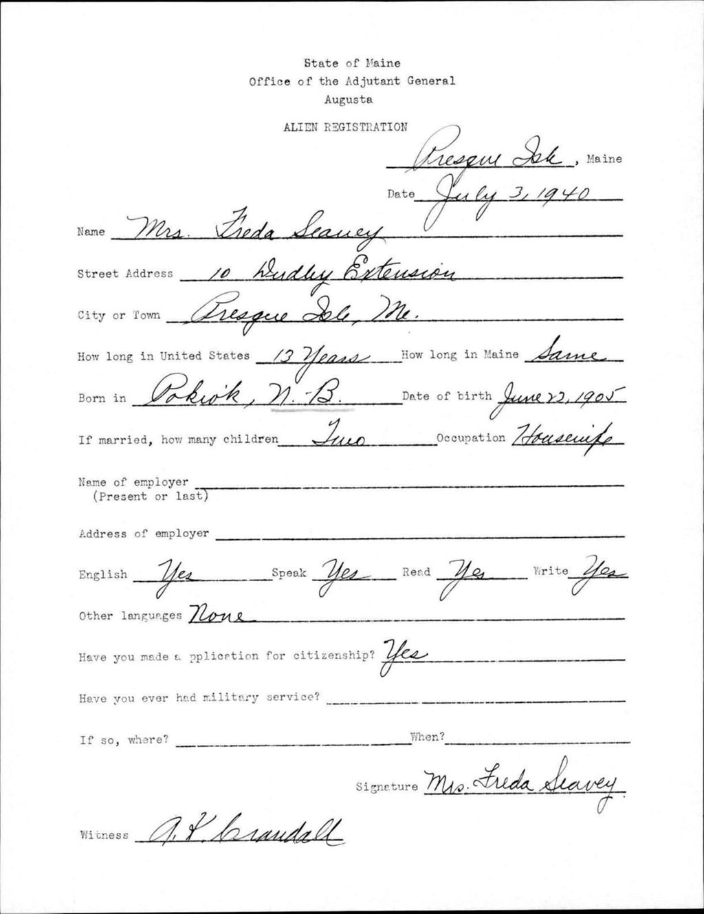 Miniature of Alien Registration- Seavey, Freda (Presque Isle, Aroostook County)
