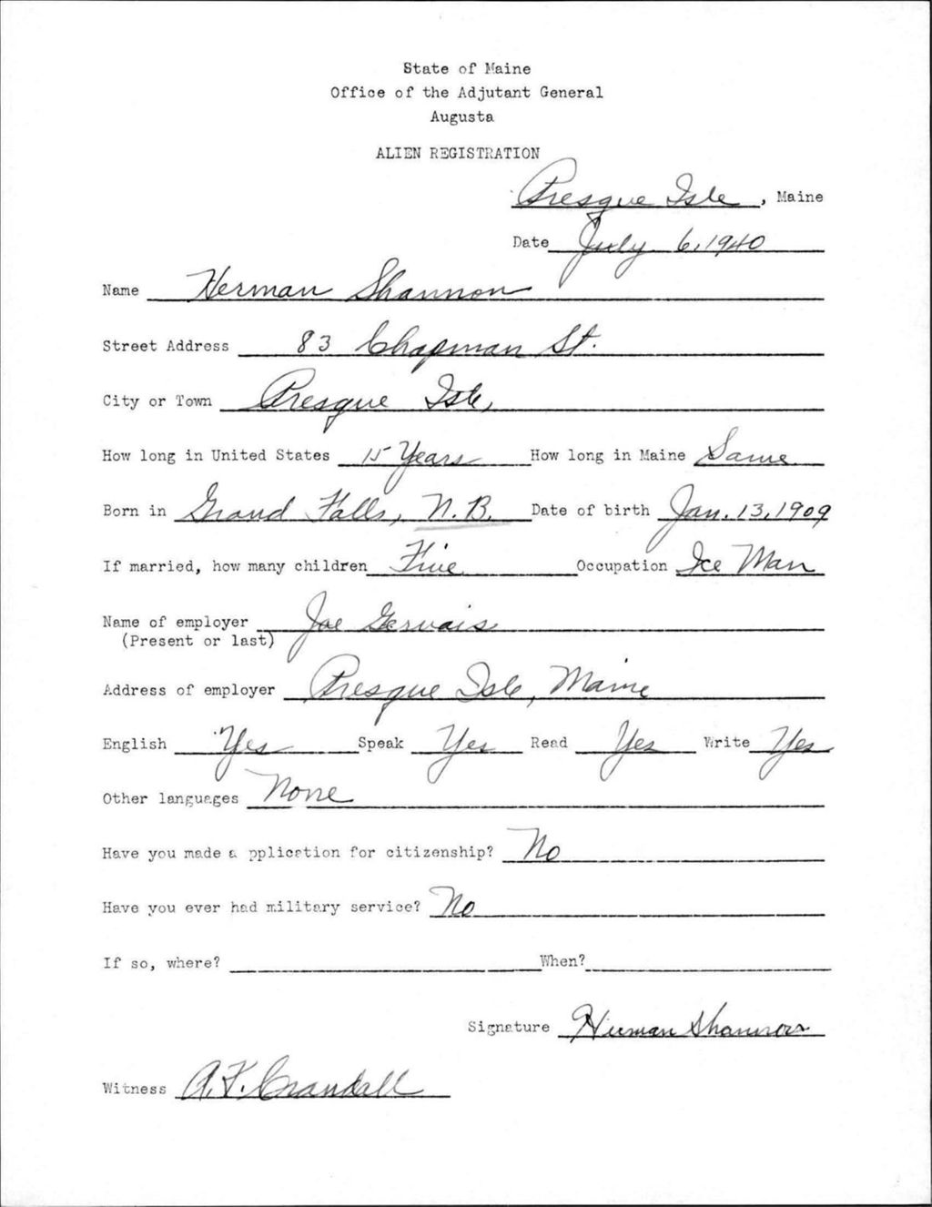Miniature of Alien Registration- Shannon, Herman (Presque Isle, Aroostook County)