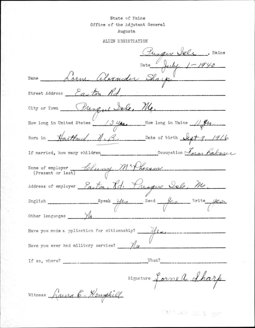 Miniature of Alien Registration- Sharp, Lorne A. (Presque Isle, Aroostook County)
