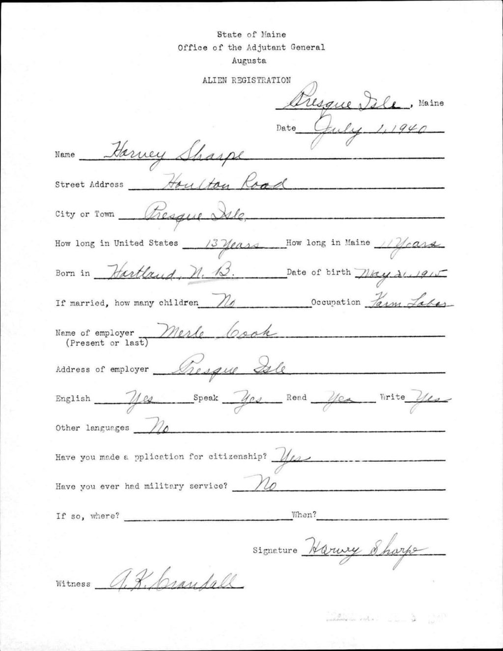 Miniature of Alien Registration- Sharpe, Harvey (Presque Isle, Aroostook County)