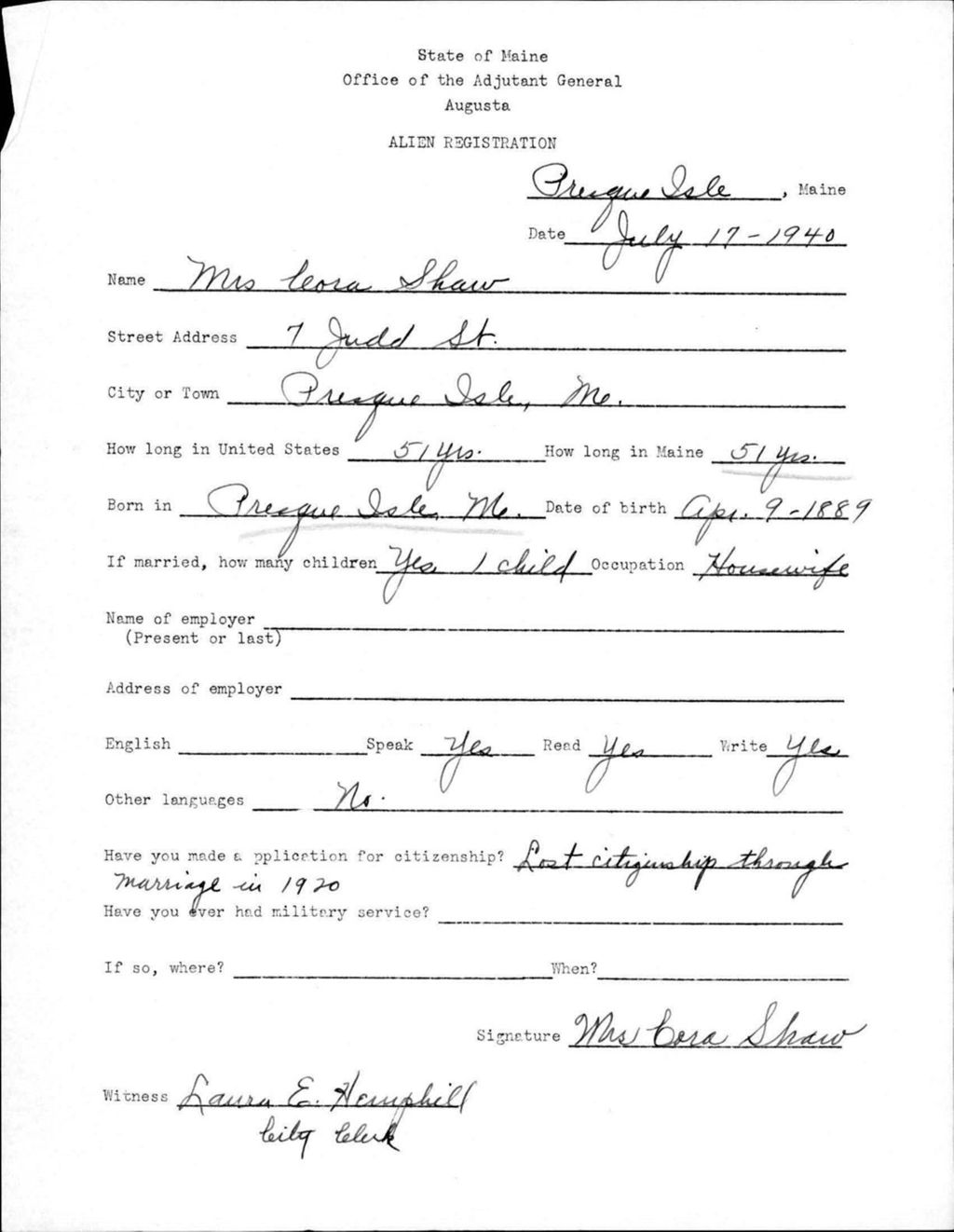 Miniature of Alien Registration- Shaw, Leora (Presque Isle, Aroostook County)