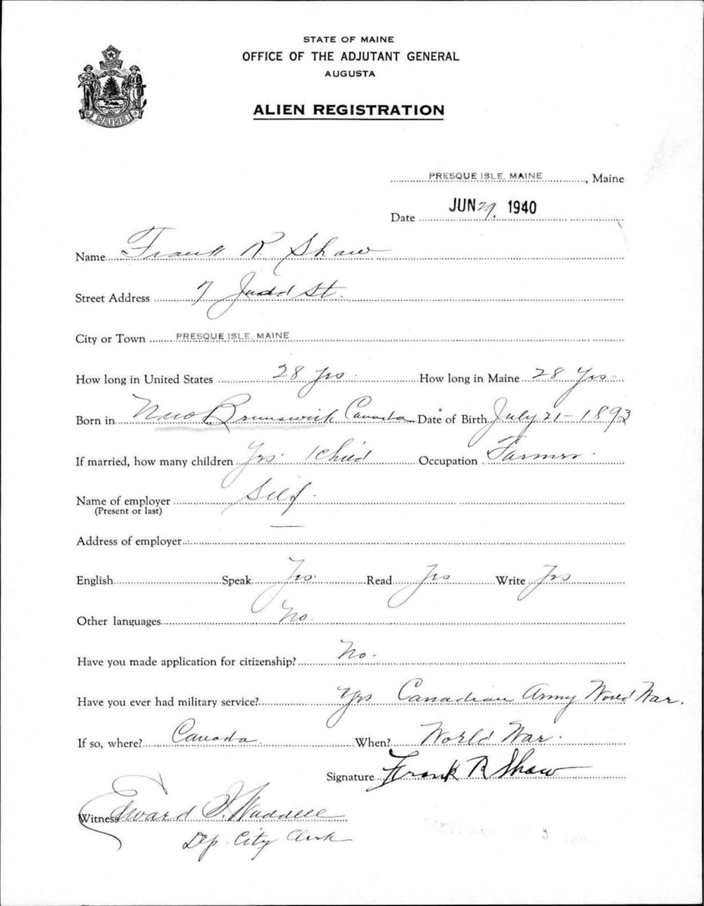 Miniature of Alien Registration- Shaw, Frank R. (Presque Isle, Aroostook County)