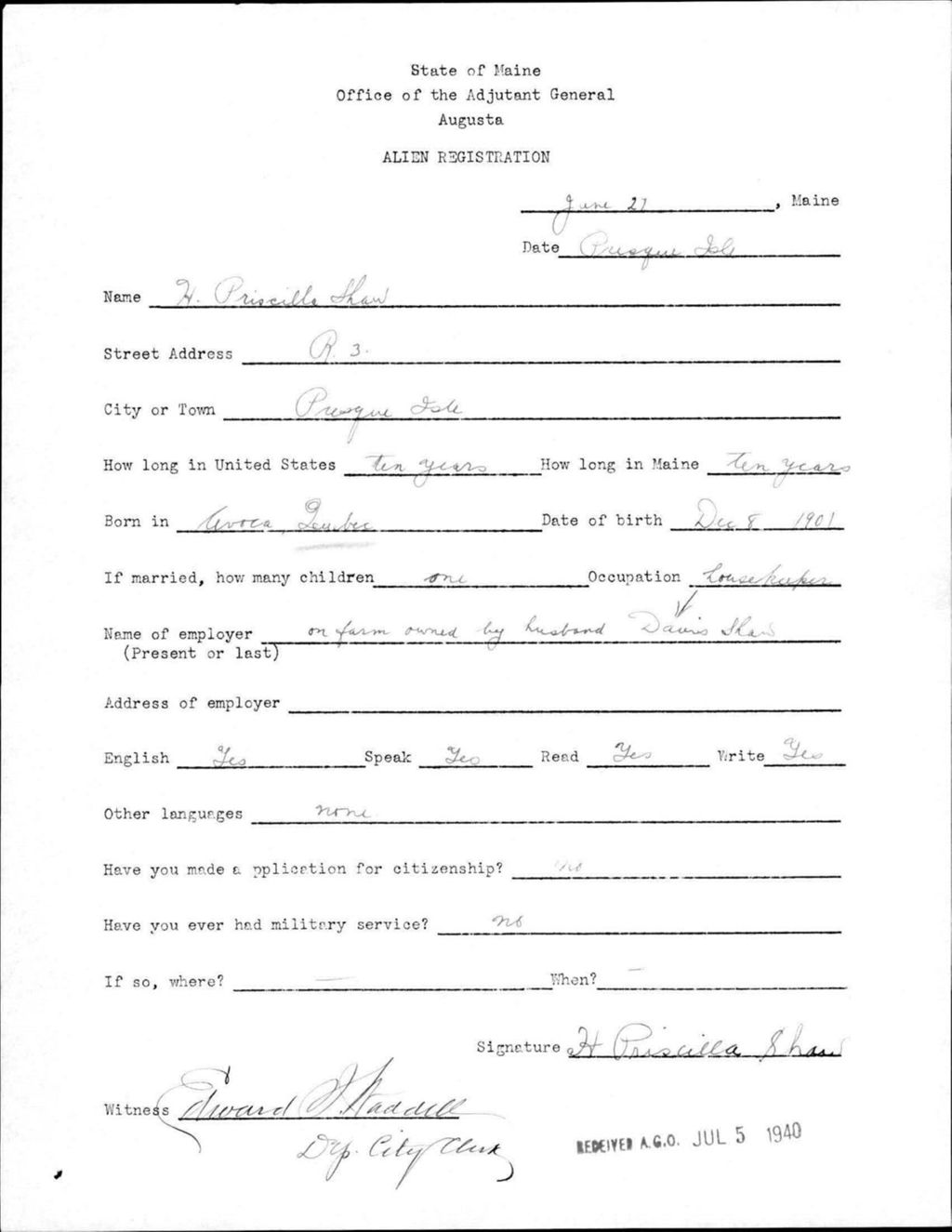 Miniature of Alien Registration- Shaw, H Priscilla (Presque Isle, Aroostook County)