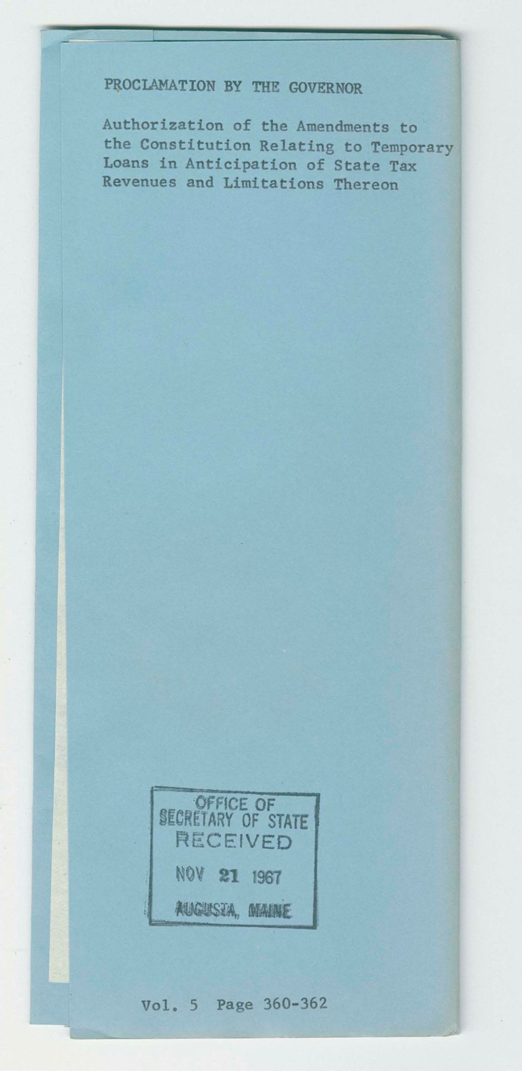 Miniature of Authorization of the Amendments to the Constitution Relating to Temporary Loans in Anticipation of State Tax Revenues and Limitations Thereon