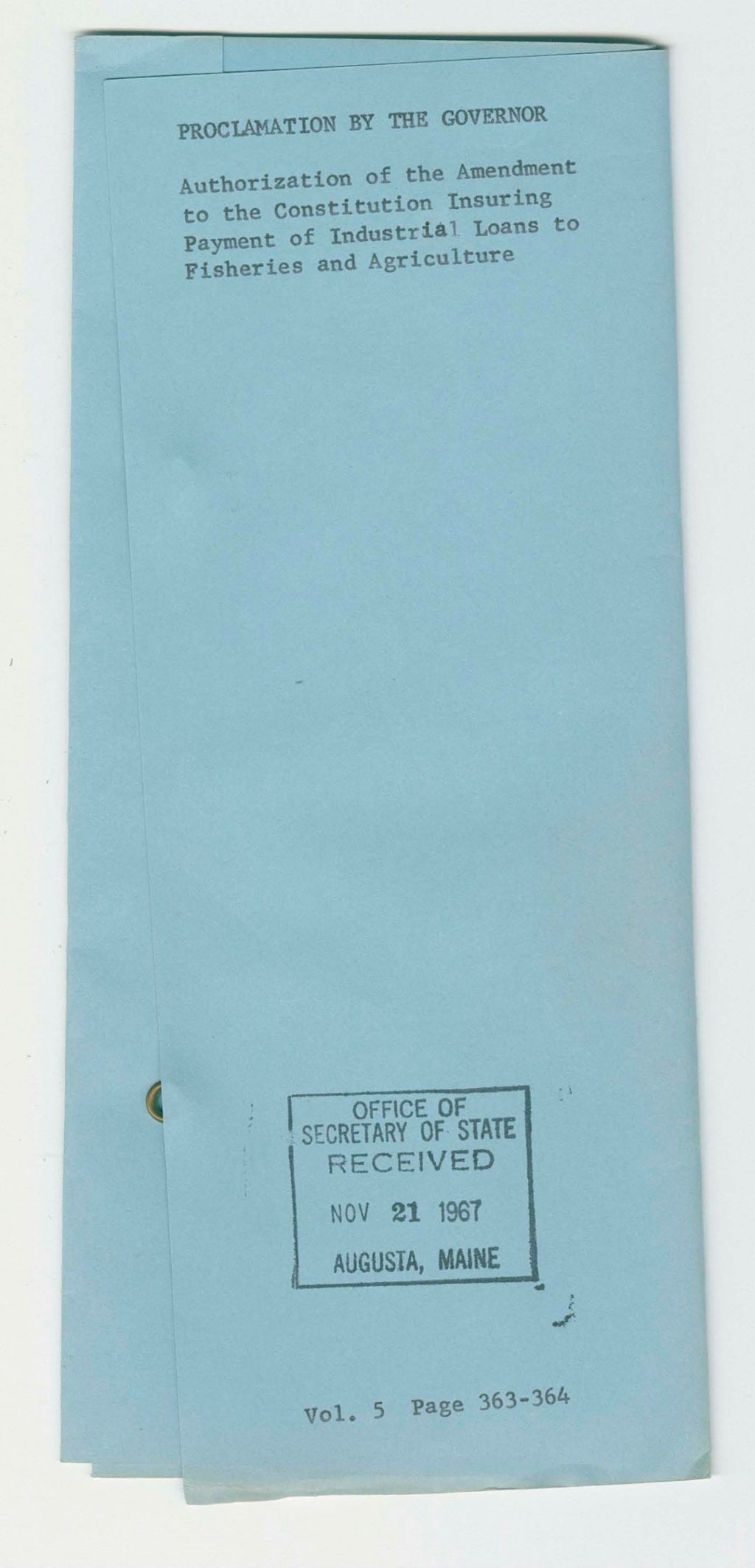 Miniature of Authorization of the Amendment to the Constitution Insuring Payment of Industrial Loans to Fisheries and Agriculture