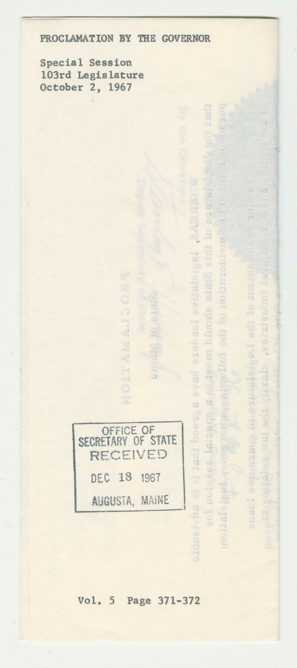 Miniature of Special Session 103rd Legislature October 2, 1967
