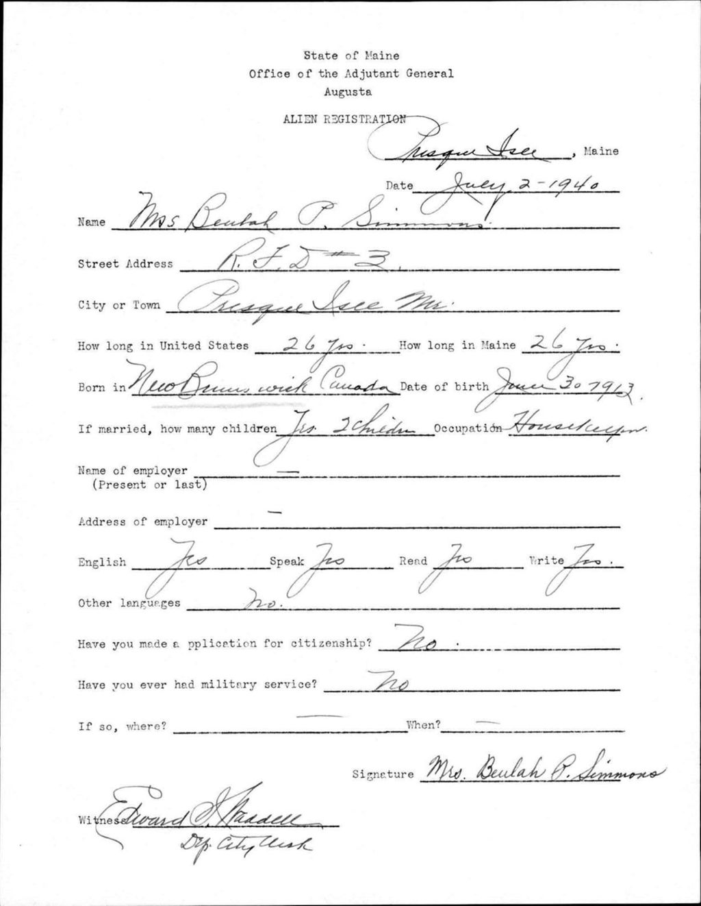 Miniature of Alien Registration- Simmons, Beulah P. (Presque Isle, Aroostook County)