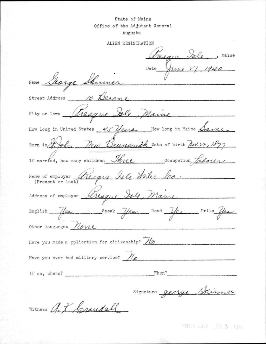 Miniature of Alien Registration- Skinner, George (Presque Isle, Aroostook County)
