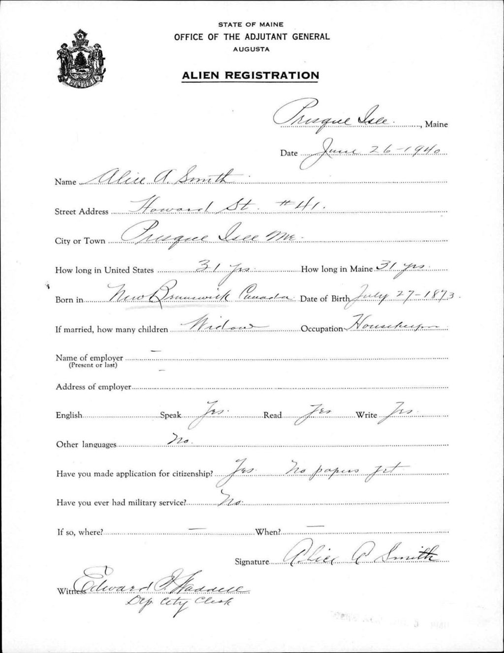 Miniature of Alien Registration- Smith, Alice A. (Presque Isle, Aroostook County)