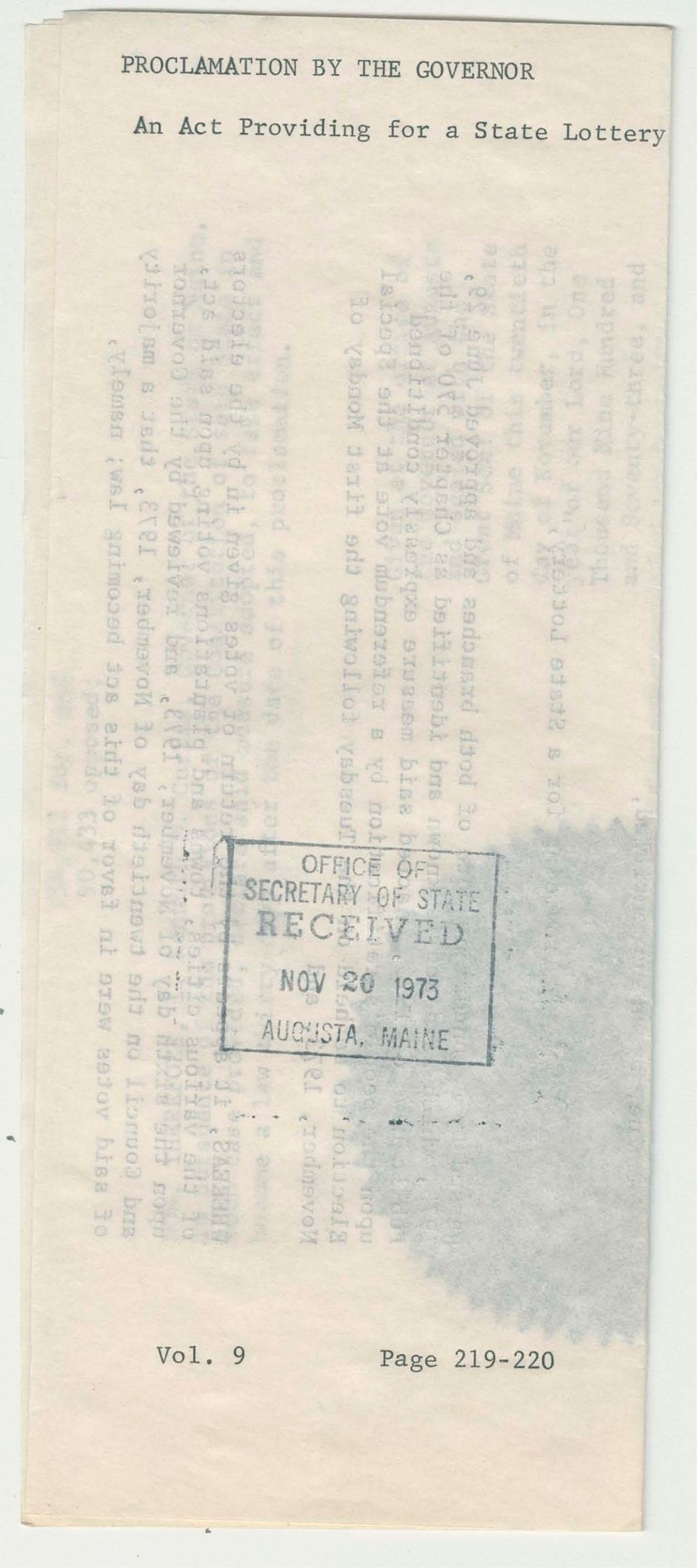 Miniature of An Act Providing for a State Lottery