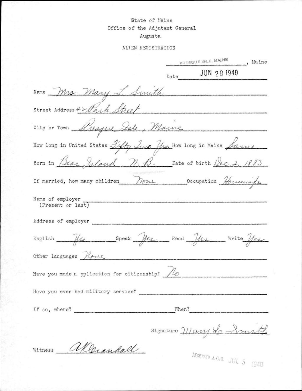 Miniature of Alien Registration- Smith, Mary L. (Presque Isle, Aroostook County)
