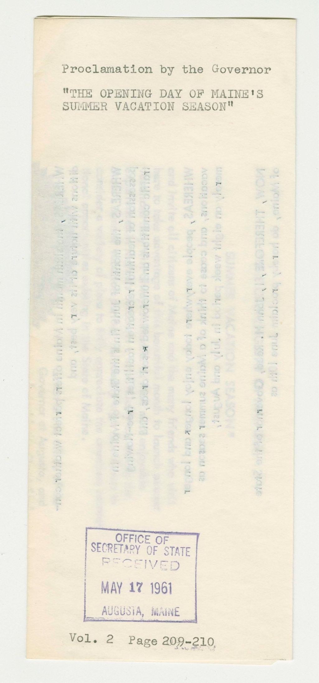 Miniature of "The Opening Day of Maine's Summer Vacation Season" Proclamation