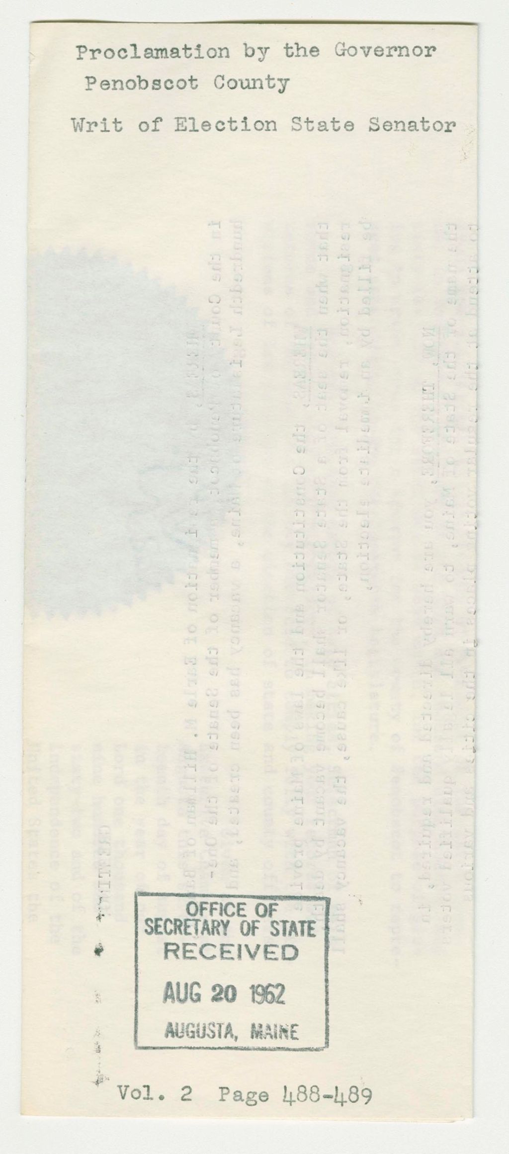 Miniature of Writ of Election State Senator, Penobscot County