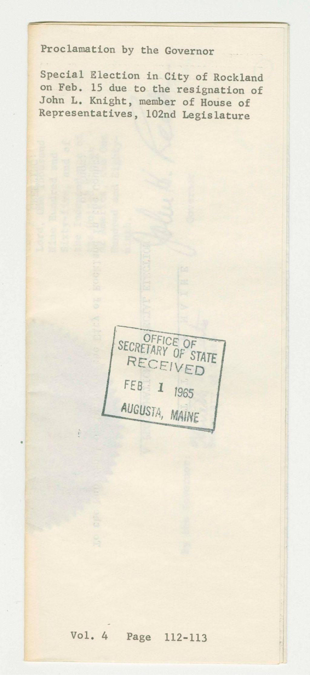 Miniature of Special Election in City of Rockland on Feb. 15 due to the resignation of John L. Knight, member of House of Representatives, 102nd Legislature
